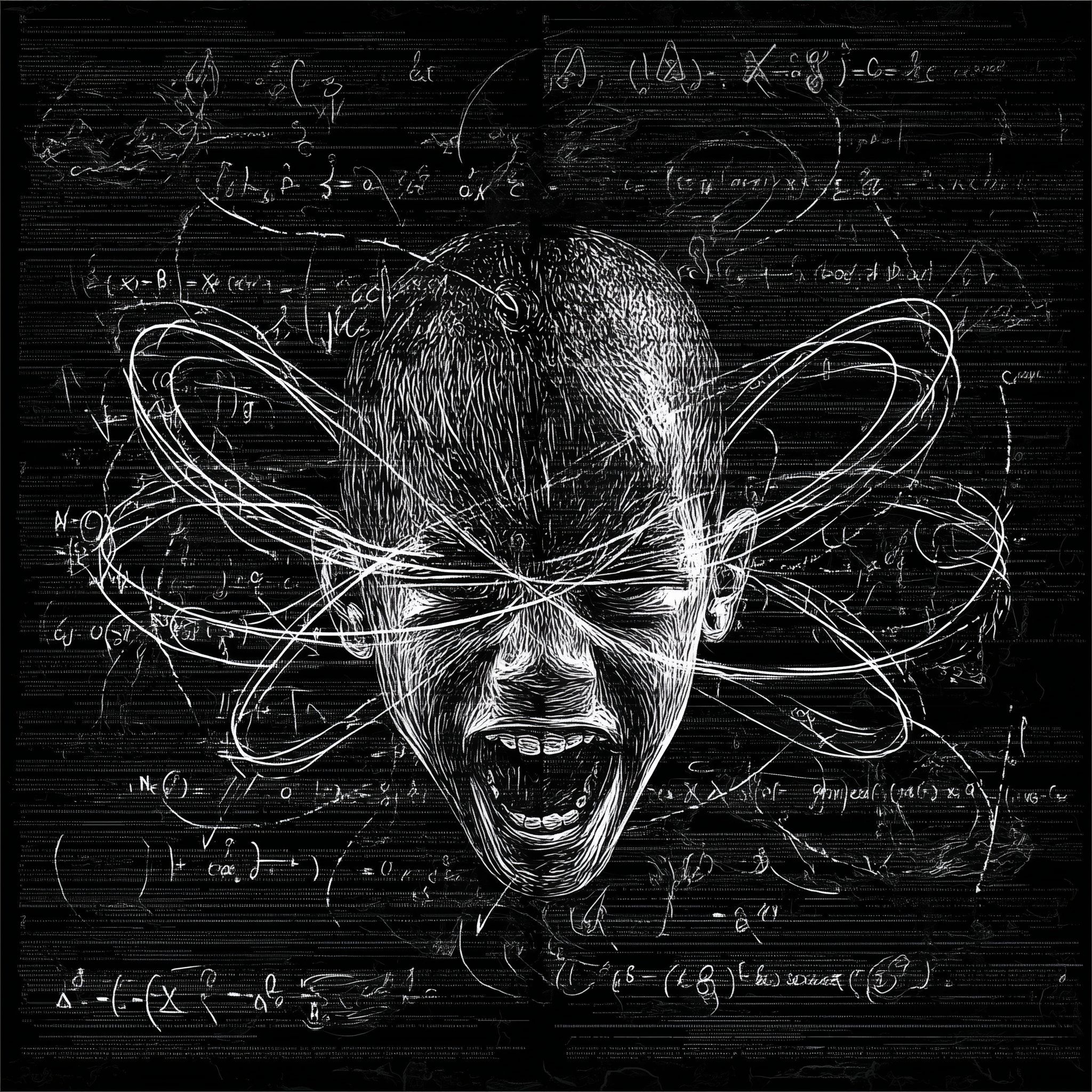 Volto urlante con formule matematiche — mente sotto pressione traumatica